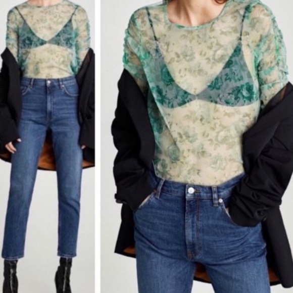 Zara Sheer Floral Ruched Sleeve Tulle Top - Picture 5 of 8